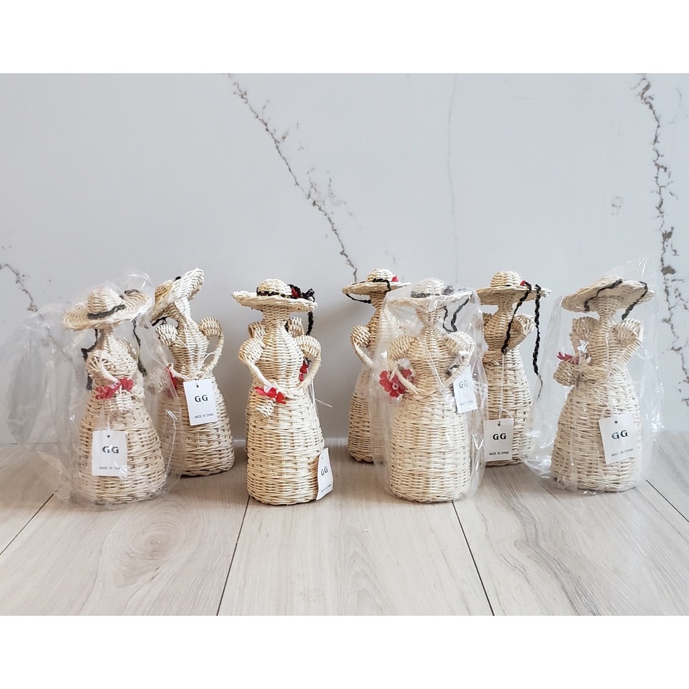 Handmade Straw Wicker Lady Figurines Set‎ of 8 Cottagecore Farmhouse Decor 9in